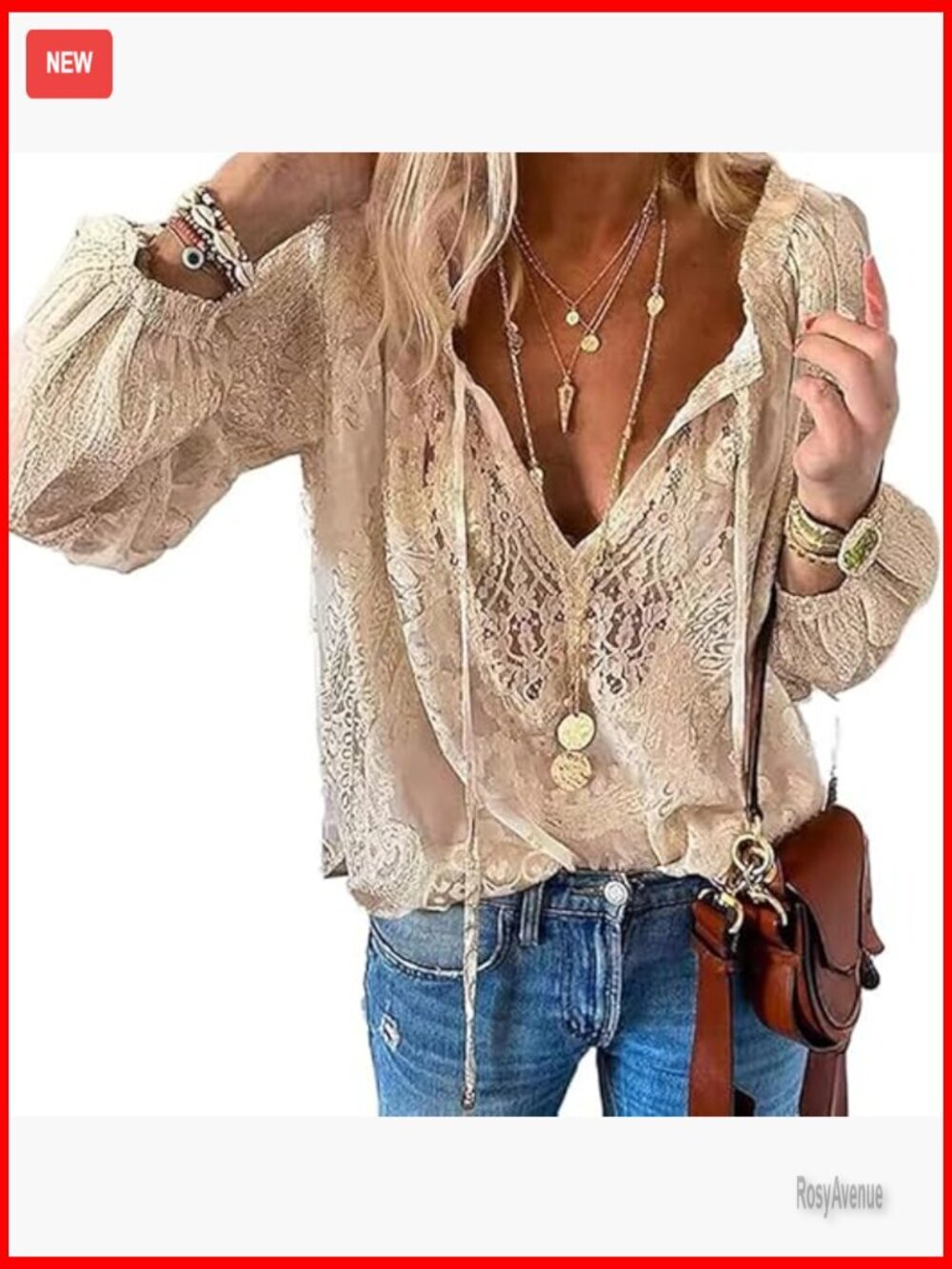 Lace Long Sleeve Tie Front V Neck Floral Crochet Boho Blouse